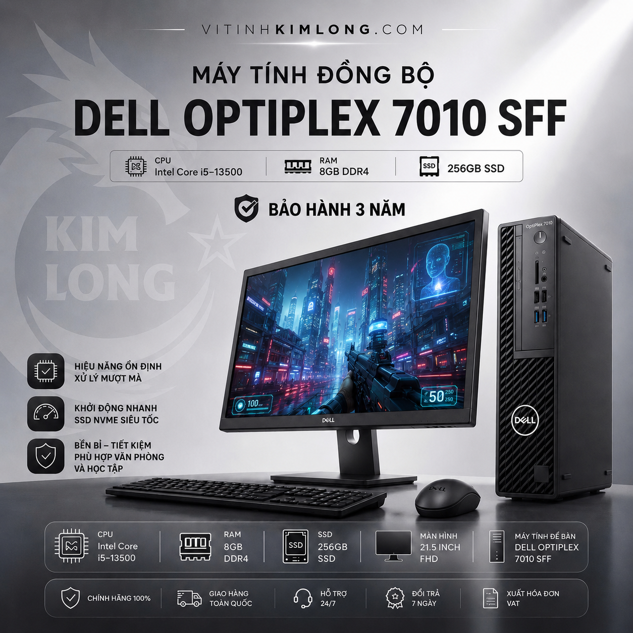 Máy tính bàn Dell Optiplex 7010 SFF i5-13500,8Gb DDR4,256SSD, UHD Graphics, No DVD,NO OS, No Wifi, Key KB216, Mouse MS116, 3Y Warranty